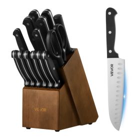 VEVOR Kitchen Knife Set with Block and Sharpener, 15 Piece German High Carbon Stainless Steel Knife Set, Kitchen Cutlery with ABS Ergonomic Handl