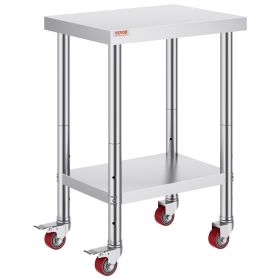 VEVOR Stainless Steel Work Table 24 x 18 x 34 Inch, 700 LBS Load Capacity with 4 Wheels, 3 Adjustable Height Levels